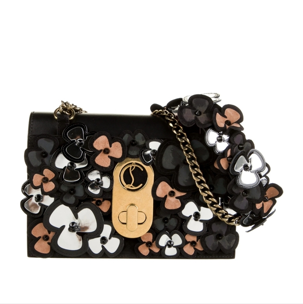 Christian Louboutin Black and Tan Crossbody Bag with Floral Embellishments
